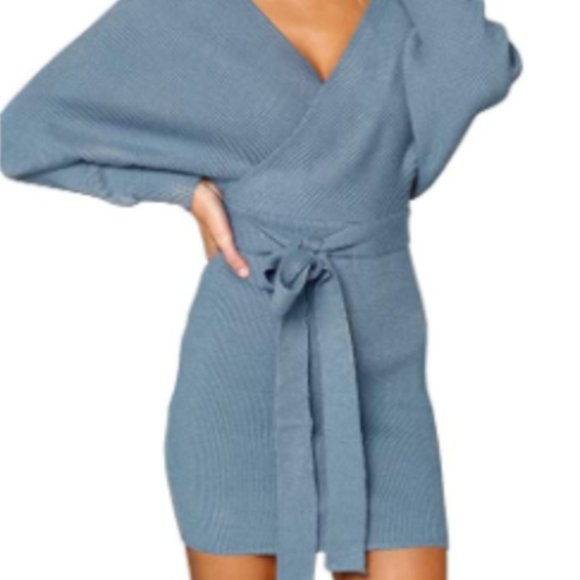 Sky Blue Plunge Belted Batwing Knit Sweater Dress - Picture 7 of 9